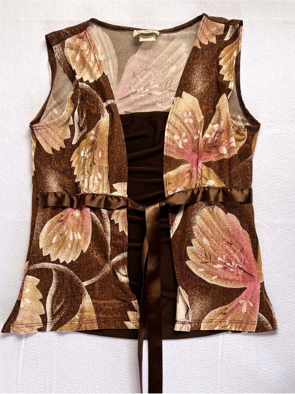 Y2K La Kohaki Brown Pink Floral Shimmer Tie Front Top Women’s Medium